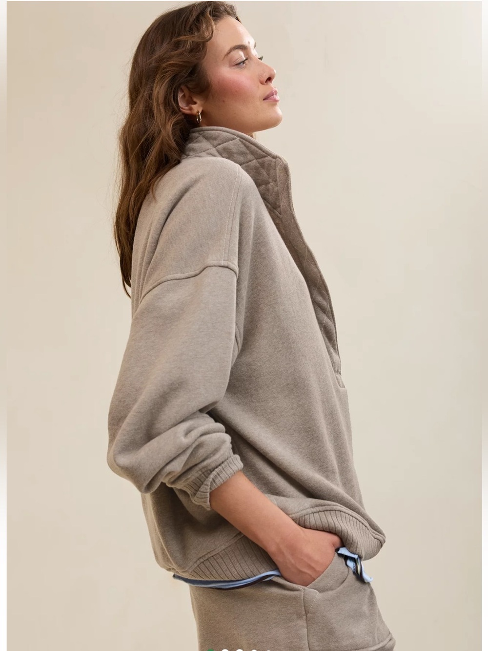 Aerie oh Snap! Sweatshirt Heathered Taupe Quilted-Collar Pullover Sweatshirt